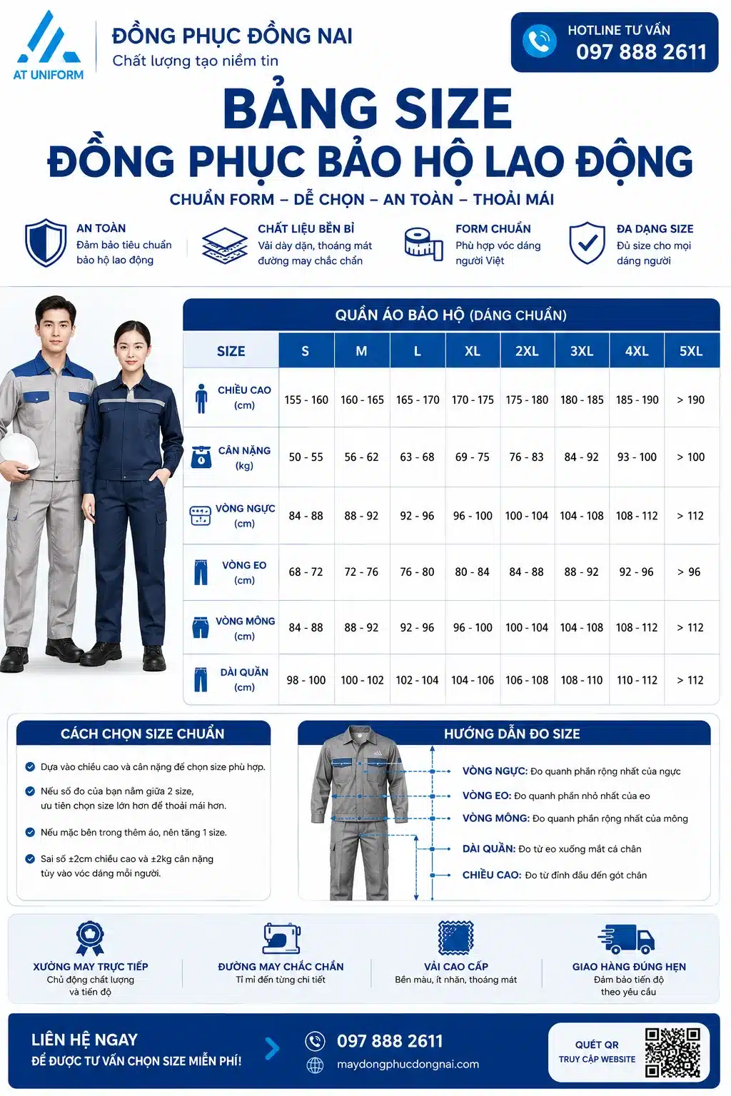 bảng size đồng phục bảo hộ lao động chuẩn nhất năm 2026