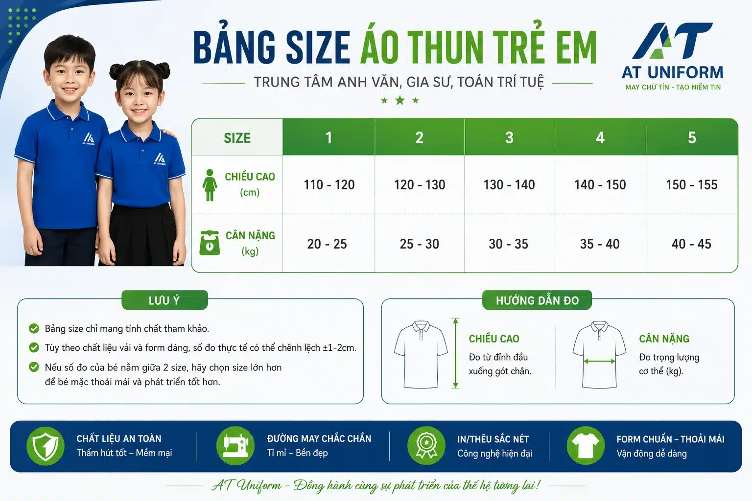 bảng size áo đồng phục trẻ em chuẩn nhất 2026